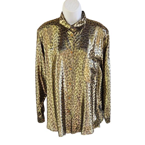 Vintage 80s Sheer Leopard Metallic Blouse | Pearl Buttons | M Made in USA - Picture 2 of 7